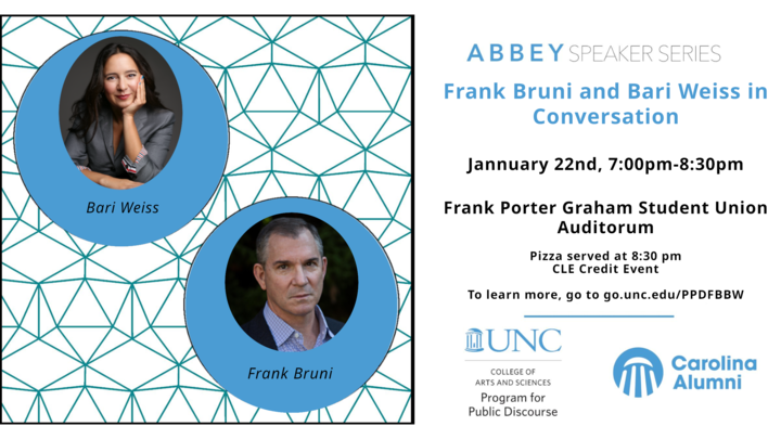 UNCPPD's tweet photo. Please join us next week from 7:00pm- 8:30 pm, in the Frank Porter Graham Student Union Auditorium for our first Abbey Speaker Series event of the year: "Frank Bruni and Barri Weiss in Conversation." https://t.co/IkkbnYTO6h
