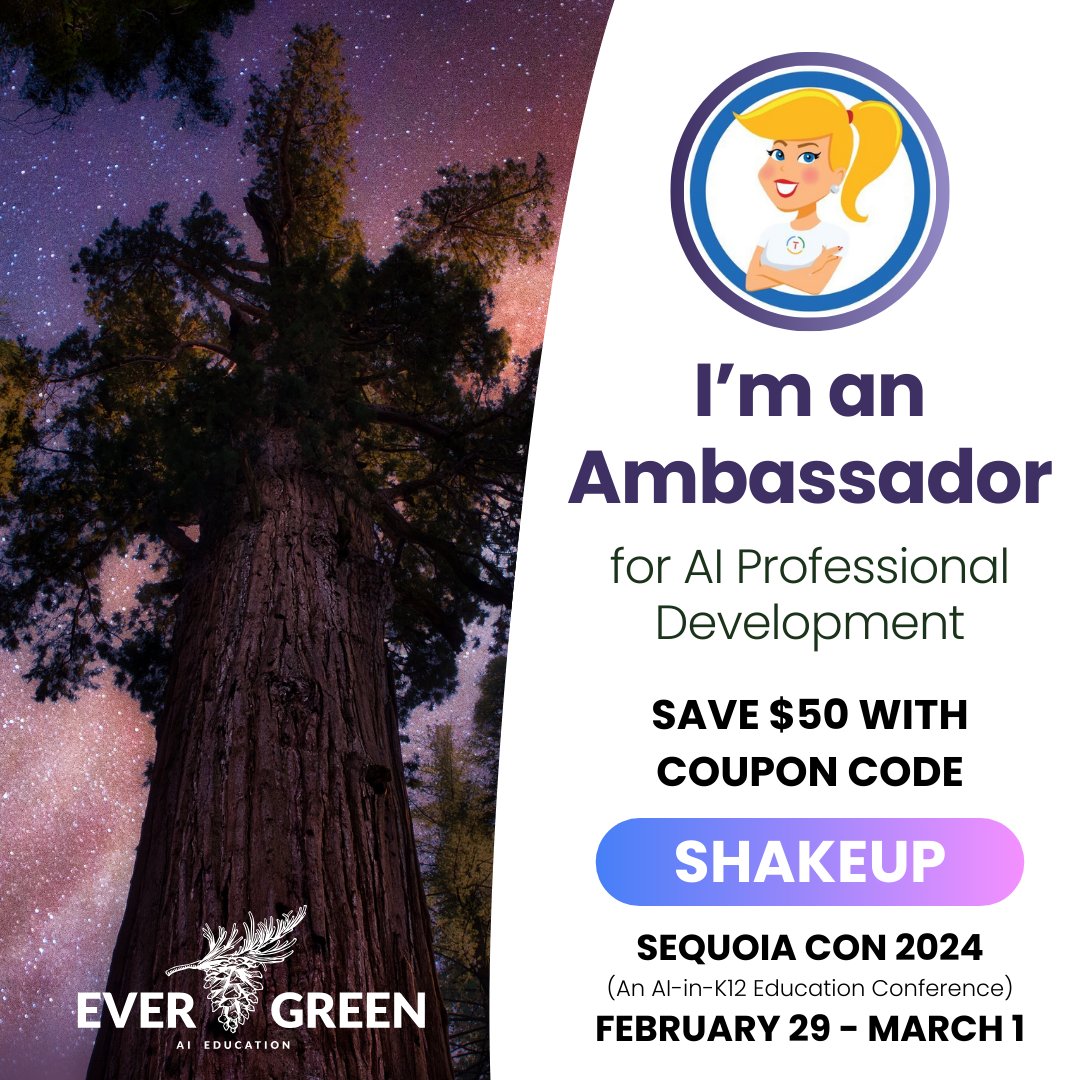 🎉 Excited to be part of #SequoiaCon 2024—a conference shaping the future of education with AI. ➡️ Enjoy $50 off using code SHAKEUP. 🚀 Don't miss this chance to lead the change! 🚀 (bit.ly/sequoiacon) #ainineducation #googleedu #edtech #TCEA24 #FETC24 #edchat