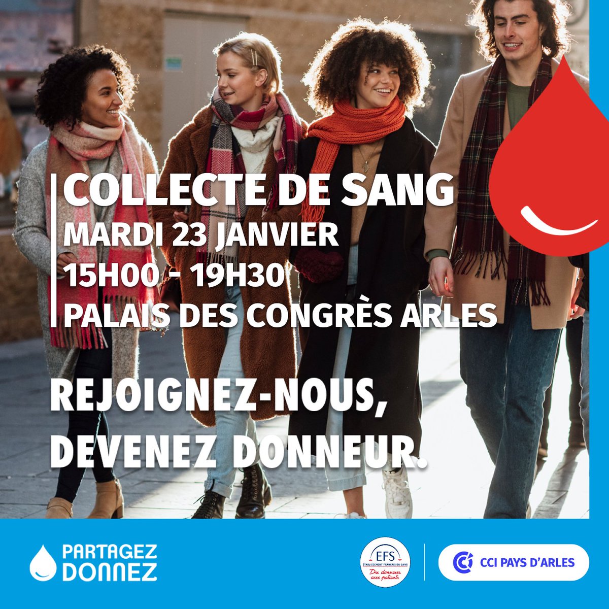 CCIPAYSARLES's tweet photo. [#MardiConseil💡]
🩸 Cet hiver réchauffez vos 💗 en donnant votre sang ! Retrouvez @EFS_Sante pr sauver des vies lors de la journée collecte à @congres_arles de 15h à 19h30 le 23/01🦸 Réservez un créneau de don ! ✅

ℹ📝 https://t.co/5fihZU9yej

#DonDeSang #Solidarité https://t.co/Am6GDSVBJu