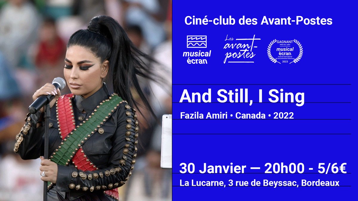 🎥Projection And Still, I Sing (Prix du Jury Musical Ecran 2023)
Première projection de Musical Écran aux Avant-Postes au théâtre La Lucarne (3 Rue Beyssac, 33000 Bordeaux)
⏩ Mardi 30 janvier - 20h - théâtre La Lucarne
🎟️bit.ly/3tRdOF9
#MusicalEcran #LesAvantPostes