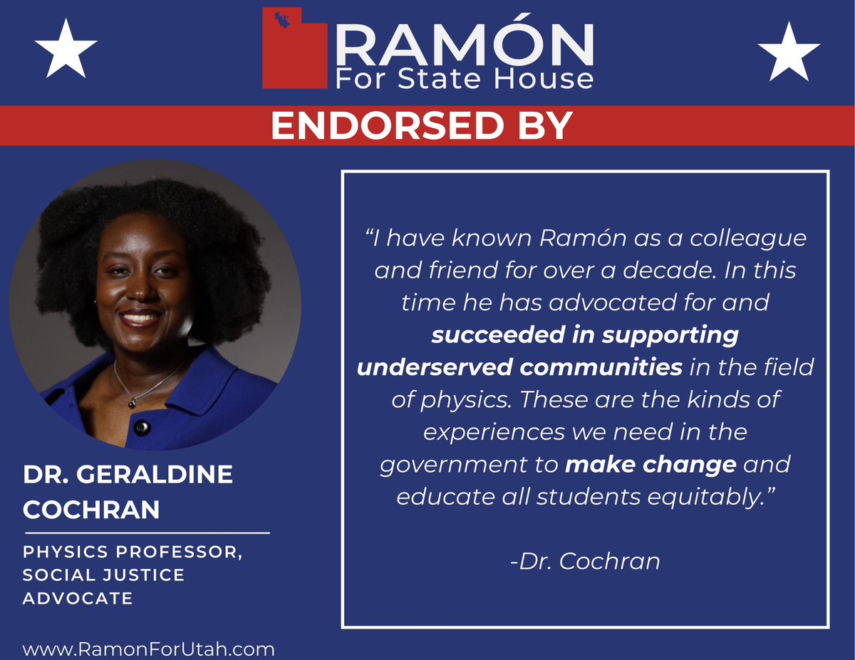 RamonForUtah's tweet photo. My colleague and national champion of STEM students from underserved backgrounds, Dr. Geraldine Cochran, has endorsed my campaign! https://t.co/hdnsl1YtRn