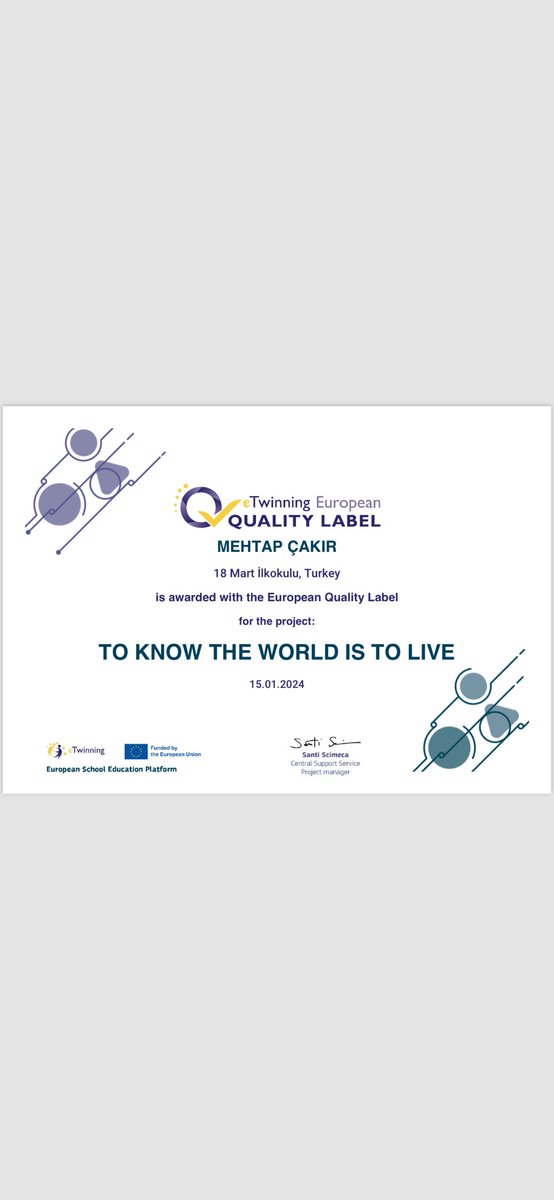 18 Mart İlkokul Öğretmeni olarak kuruculuğunu yürüttüğüm “TO KNOW THE WORLD IS TO LIVE” eTwinning Projem Avrupa Kalite Etiketi almıştır.Emeği geçen tüm öğretmen ve öğrencilerimize teşekkür ederim.<a href="/yakupyildiz024/">Yakup YILDIZ</a> <a href="/azizoguz61/">Azizoğuz Alemdaroğlu</a> <a href="/EnginT25/">Engin TAN</a> <a href="/eTwinningErz25/">eTwinning Erzurum</a> <a href="/tretwinning/">eTwinning Türkiye</a>