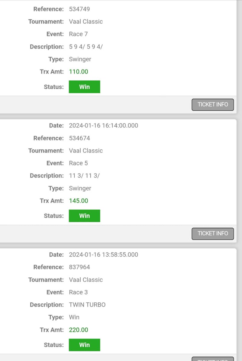 PuntersGuru's tweet photo. Winning tickets from group for #VAAL- TUESDAY (16 JAN 2024)   #BETWAY #SAHORSERACING #PUNTERS https://t.co/9QXmlI6UjN