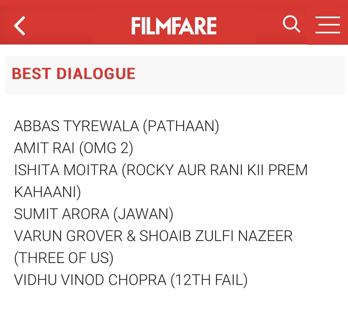 Thank you @filmfare for best dialogue nomination #Jawan