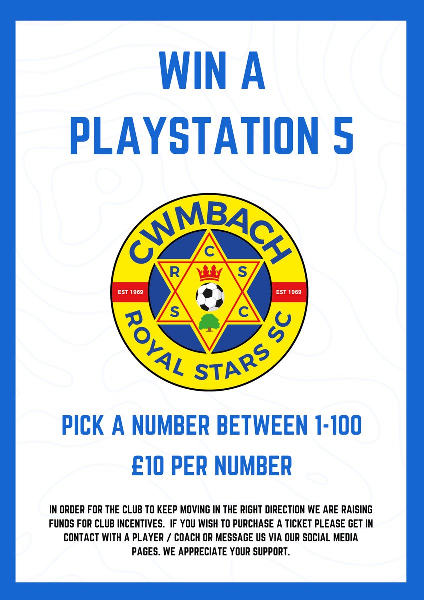 CwmbachRS's tweet photo. We are raising funds for club incentives through a raffle with a chance to win a PlayStation 5. If you wish to buy a ticket please contact us via our social media pages or message a player / coach.

Thanks again for your continued support! 

#UpTheStars 💙💛 https://t.co/EeJMIAuESP