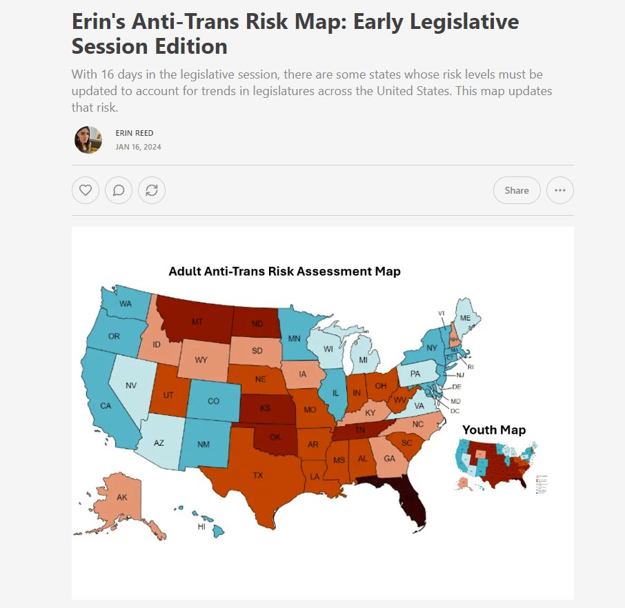 1. Just in: I have updated the anti-trans legislative risk map for early indications from legislative sessions.

Three states move up in risk: Utah, Indiana, and New Hampshire, accounting for legislative movement there.

Subscribe to support my work.
