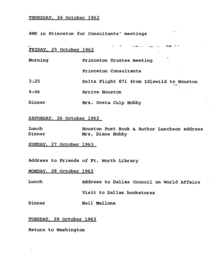 timfattig's tweet photo. The Dulles phone and travel logs also note that he spent a few days in Texas the month before the assassination (Oct. 25-29). Dulles’ stops included a #HoustonPost luncheon and a speech before the Dallas Council on World Affairs, an internationalist civic group run and funded by petroleum types.