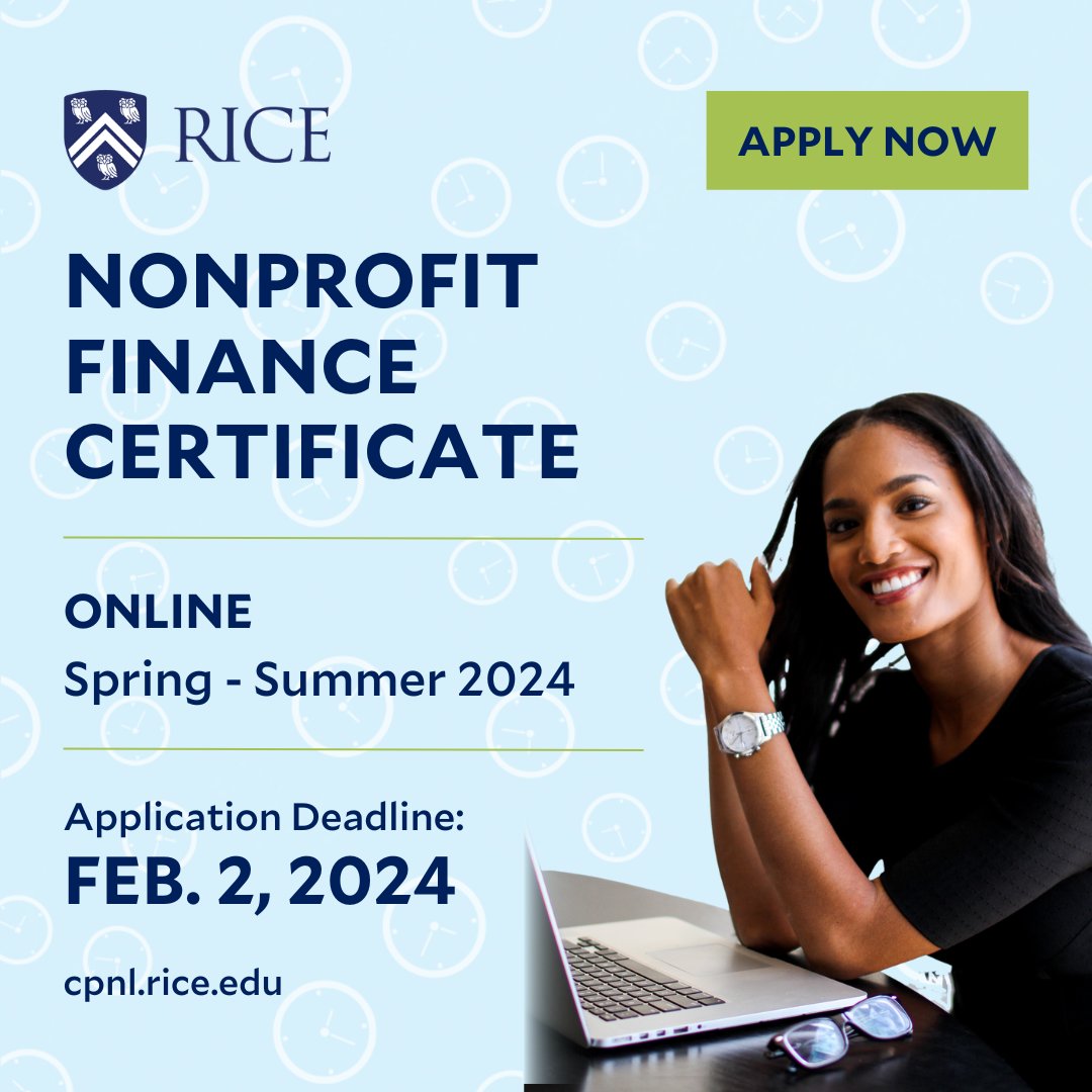 ⏰ Time is ticking! Elevate your financial leadership skills with @RiceUniversity's Nonprofit Finance Certificate. Apply by Feb. 2 for the online Spring - Summer 2024 cohort! bit.ly/3Sgk56A
#nonprofitfinance #nonprofitleader #RiceUniversity