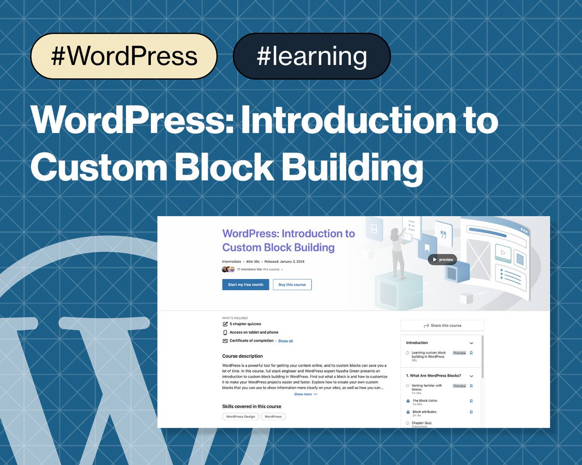 trewknowledge's tweet image. Master WordPress with @Ny_The_Creator on LinkedIn Learning! 🌟 Start with Block editor basics, then dive into creating custom blocks with LocalWP and Node.js. 🛠️ From pattern creation to styling, learn it all. 🎨 

👉 ow.ly/GzUn50QphuJ
#learning #webdev #blockeditor