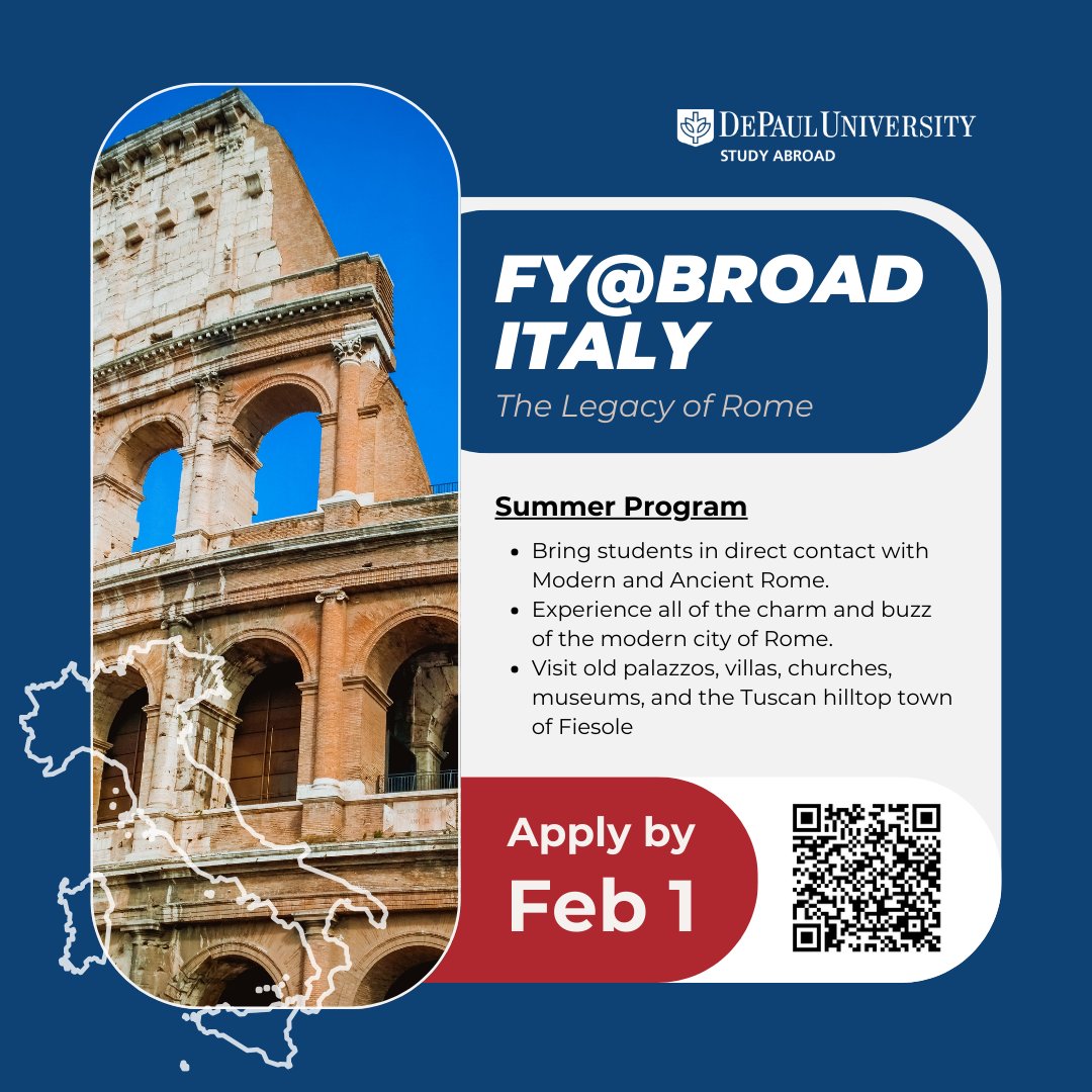 DPUStudyAbroad's tweet image. First-Year Student! We have a program just for you!
🌍✈ Explores ancient Rome and its cultural legacy throughout history.

📌 Apply by Feb 1 on studyabroad.depaul.edu

#Italy #DPUstudyabroad #shorttermprogram #summer #Firstyear