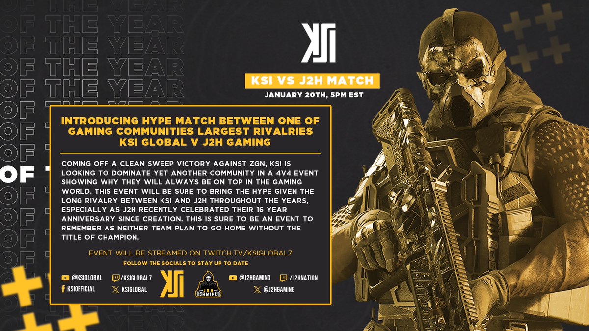 KSIGlobal's tweet photo. Introducing what is already going to be one of the top community matches of 2024 as KSI takes on @J2HGaming in a 4v4 match. KSI completely dominated ZGN in the last match and plans to not go any easier on J2H.

Match will be streamed on twitch on Jan 20th, 5PM EST. #GameOn https://t.co/3Rb9auy42n