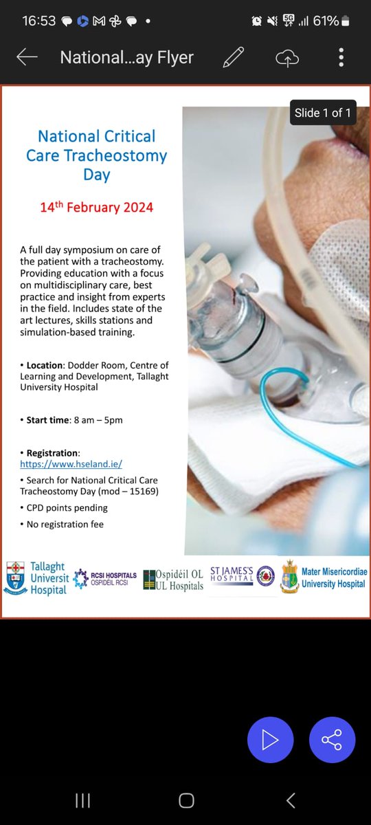 National Critical Care Tracheostomy Day.🫁 Symposium hoist by Tallaght University Hospital.
Simulation- based training with skills stations and MDT  lecturers
 ➡️ 14th February 2024.
Booking via hseland. Places limited. Early booking advised <a href="/AmrM015/">Amr Mohammed</a> <a href="/lindisny/">Lindi Snyman</a> <a href="/SiobhanConnors7/">Siobhan Connors</a>