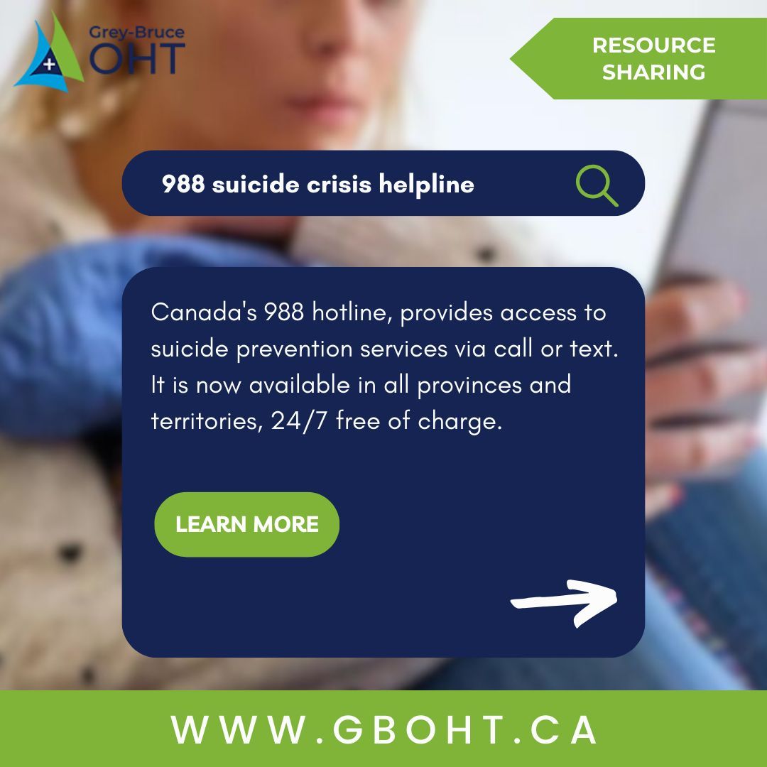 greybruce_oht's tweet photo. People across Canada can call or text 9-8-8, a new three-digit service, for help when they need it most.
To learn more, visit https://t.co/QPRBGFOBXQ.
#CrisisHelpline #MentalHealthMatters #MentalHealthSupport #SuicidePrevention #OHT #OntarioHealthTeam https://t.co/UR7HfzAm6g