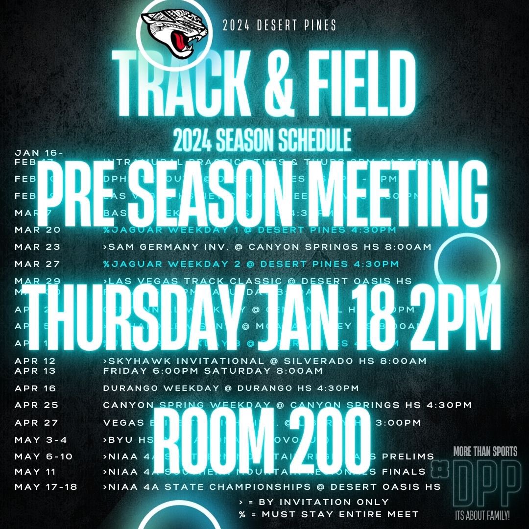 Preseason meeting for all interested athletes! Thursday 2pm! <a href="/dphs_athletics/">DPHS Athletics</a> <a href="/DP_CrossCountry/">DP Cross Country</a> <a href="/DPHS_Jags/">Desert Pines HS</a>