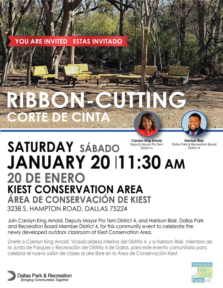 DallasParkRec's tweet photo. Join #DallasParks for a very exciting ribbon cutting to celebrate the opening of a newly developed outdoor classroom at the Kiest Conservation Area! ๐ณ โ๏ธ ๐
#Kiesetpark #outdoorclassroom #bringingcommunitiestogether https://t.co/tHSCN51tEy