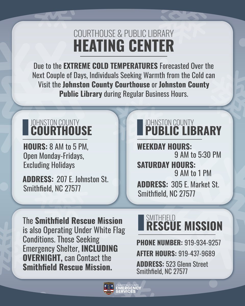 JoCoEmerServ's tweet photo. Due to EXTREME COLD TEMPERATURES forecasted over the next couple of days, individuals seeking warmth from the cold can visit the Johnston County Courthouse or Johnston County Public Library during regular business hours.
#JohnstonCounty #JoCo #JoCoReady https://t.co/5xIq01bdaB