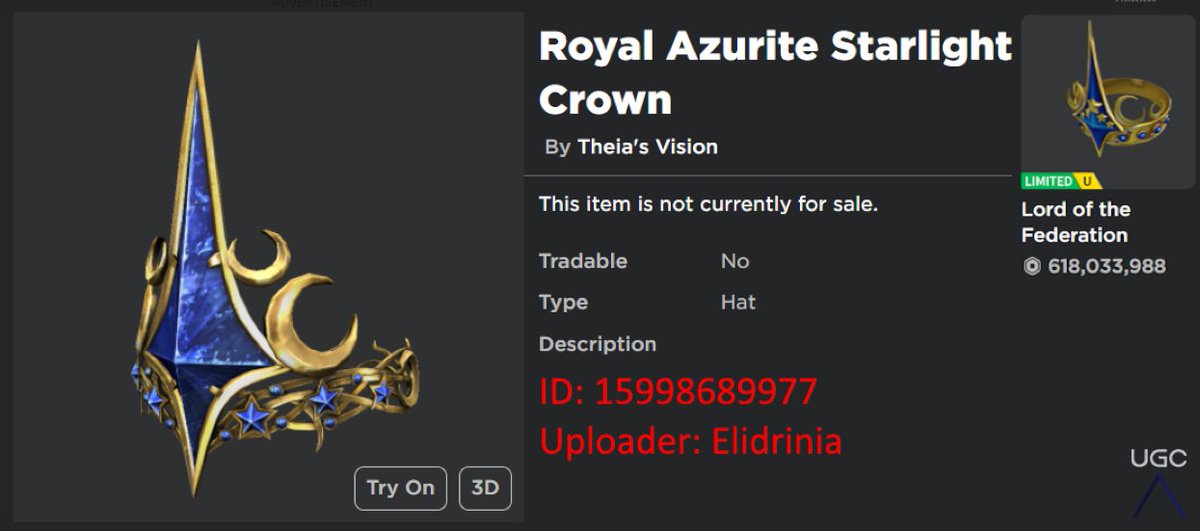 UGC creator "Elidrinia" uploaded a knockoff of the limited "Lord of the Federation." #Roblox #RobloxUGC