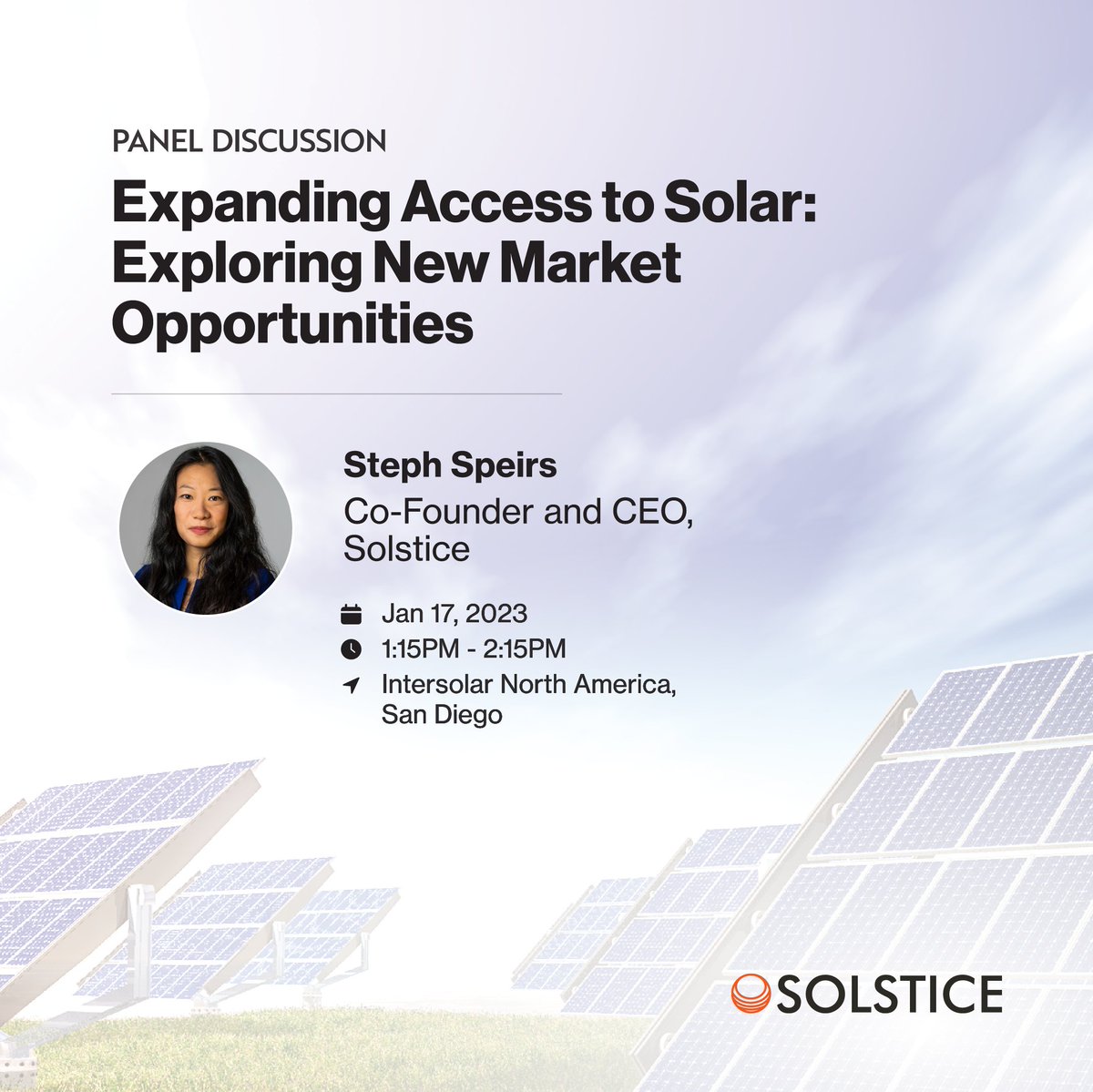 Join us at Intersolar North America and Energy Storage North America in San Diego, CA! 🗓️ January 17, 2024 🕒 1:15 PM - 2:15 PM Co-Founder and CEO Steph Speirs will be joining a thought-provoking panel on 'Expanding Access to Solar: Exploring New Market Opportunities.'