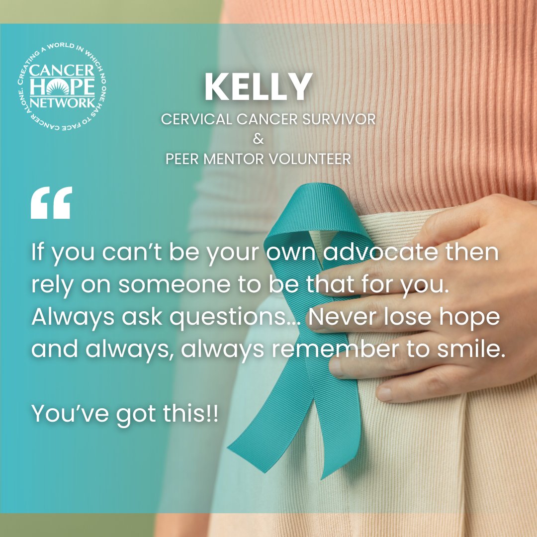 This #CervicalCancerAwarenessMonth, we’re sharing positivity from Kelly who is a post-treatment cervical cancer survivor who serves as a CHN Peer Mentor volunteer. 

If you are looking for empathetic peer support, please contact us here: bit.ly/4776u6S