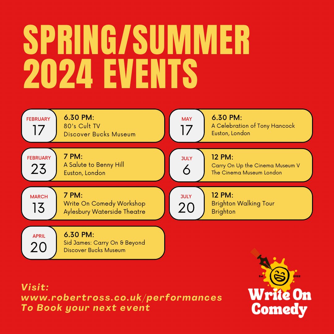 Announcement 📣 

Our Spring & Summer Events are now available on our website! Book your next event to avoid disappointment! 

robertross.co.uk/performances.p…

#comedylife #ComedyHistorian #comedyshow #aylesbury #london #events2024 #talks #theatre #walkingtour #brighton #socialgathering