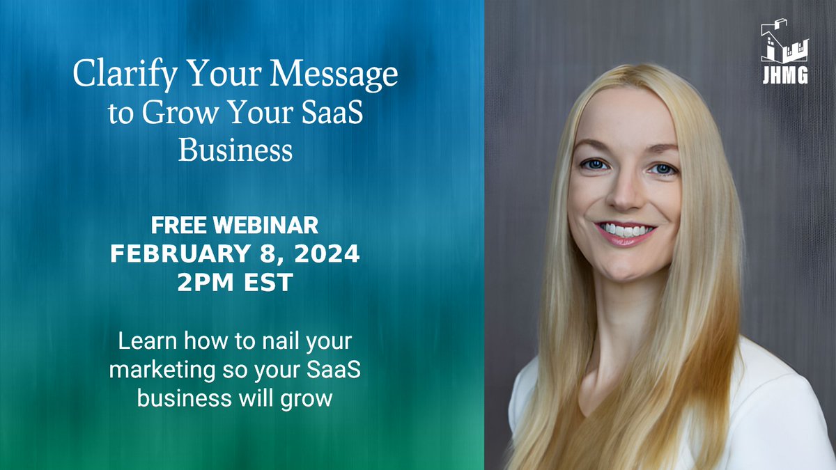 jhmgroup's tweet photo. Struggling to differentiate your SaaS product in a crowded marketplace? Our COO, Dr. Michelle Cobb—a StoryBrand Certified Guide—will share 7 marketing principles proven to engage customers and grow SaaS businesses in this webinar. https://t.co/hZsyha4oEl
