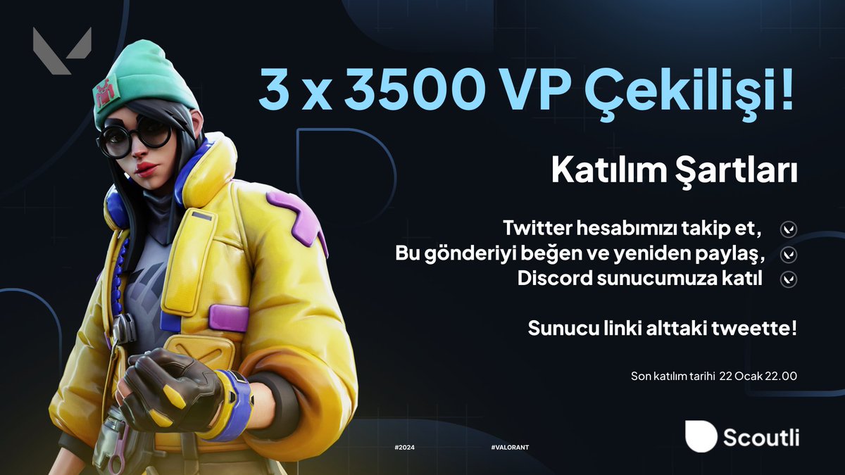 scoutlico's tweet photo. 🎁 Scoutli olarak 3 kişiye 3500 VP hediye ediyoruz! İşte yapmanız gerekenler:

🔹 Twitter hesabımızı takip et,
🔹 Bu gönderiyi beğen ve yeniden paylaş,
🔹 Discord sunucumuza katıl.

Son katılım tarihi 22 Ocak 22:00. Sonuçlar Discord sunucumuzdan açıklanacak. Herkese bol şans! 🥳 https://t.co/Gk4SIRCiR2