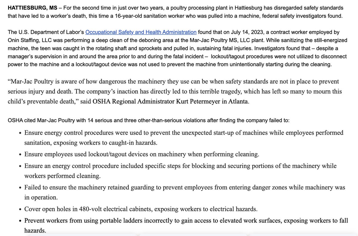 Another Teen Worker Dead >> OSHA calls for $212,000 fine against Mar-Jac poultry plant in Mississippi because a 16-year-old worker who was cleaning a machine when its power was still on was pulled into the machine & killed. It was the 2nd fatality at the poultry plant in 2 years