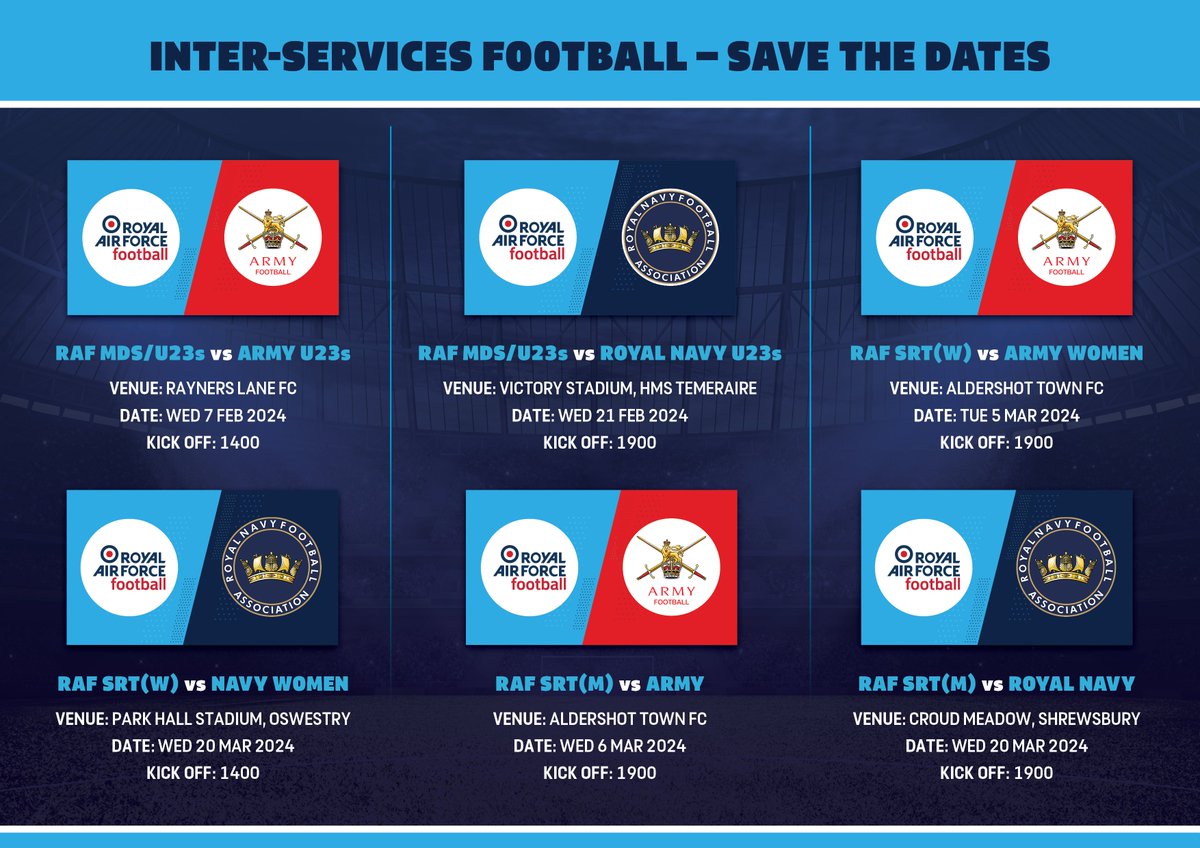 This year's Inter-Services fixtures are fast approaching, best of luck to all those involved. If you can get along to any of the fixtures to show your support that would be amazing.