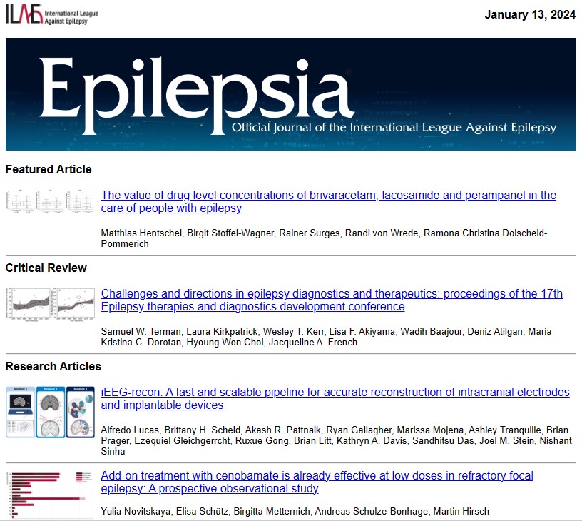 EPILEPSIA - New Articles - January 13, 2024 
p0.vresp.com/AhJRgl

#epilepsy #epilepsyresearch #ILAE <a href="/IlaeWeb/">International League Against Epilepsy</a> @epilepsiajourn <a href="/WileyNeuro/">Wiley Neuro</a>