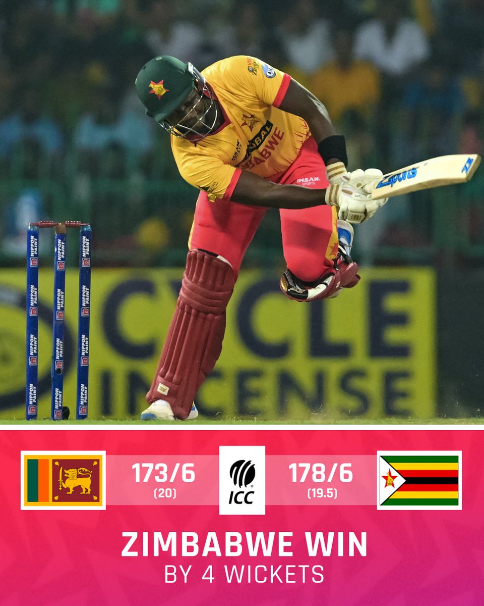 24 runs in the final over! Three sixes in the 20th over as Zimbabwe beat Sri Lanka for the first time in a men's T20I 👏 #SLvZIM 📝: icc-cricket.com/matches/238668…