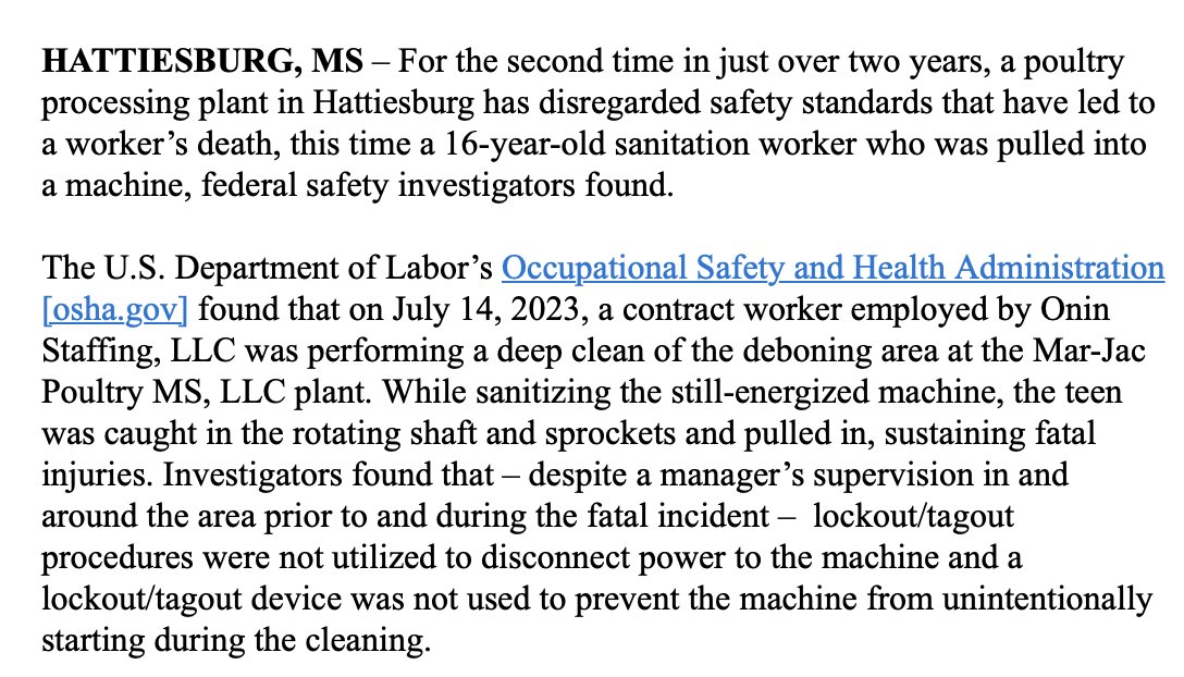 NEWS: A poultry plant in Mississippi that supplies to fast food industry has been cited $212k after a 16 year-old boy was caught in a machine in the deboning area. This was the ~2nd time~ in just over 2 years that a worker at the plant had been killed by a machine.
