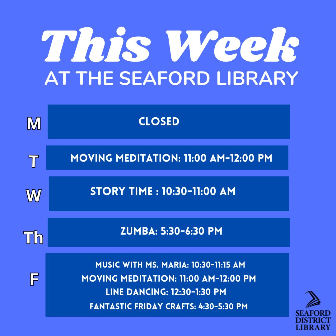 seafordlibrary's tweet photo. Good afternoon! We hope everyone had a good Martin Luther King Jr. Day and had the time to read some of his amazing speeches and writings! Check out what is happening the rest of the week at the Seaford Library! https://t.co/iuzTntCMiw