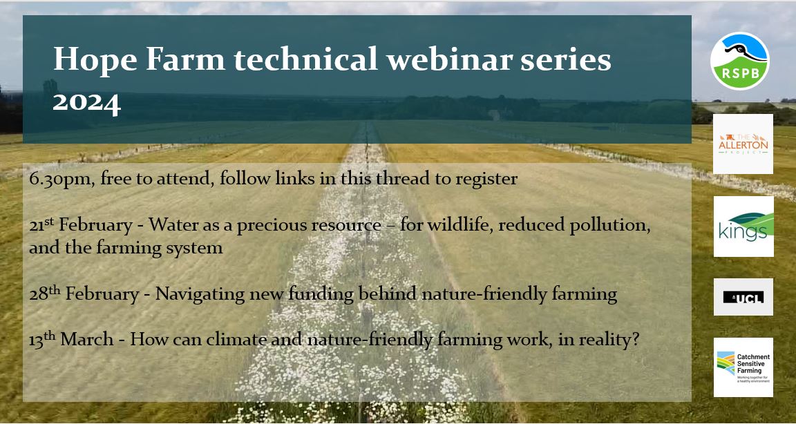 We're proud to announce the 2024 Technical Webinar Series from Hope Farm! For the 4th year we're welcoming amazing speakers, sharing knowledge about nature and climate-friendly farming, that works for the farm business Read on to see what's on and how to register (for free) 🧵