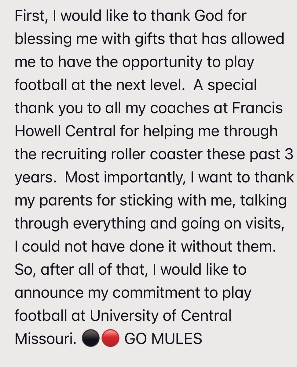 Committed to UCM 🔴⚫️ GO MULES 
<a href="/CoachHoltzclaw/">Joe Holtzclaw</a> <a href="/JoshLamberson/">Coach Lambo</a>  <a href="/Coach_DChambers/">Dana Chambers Sr</a>  

<a href="/FootballFHC/">Francis Howell Central Football</a> <a href="/mbunton34/">Mike Bunton</a> @FHCAD <a href="/JPRockMO/">JP Rock</a> <a href="/elitefootball/">EliteFootballAcademy</a>