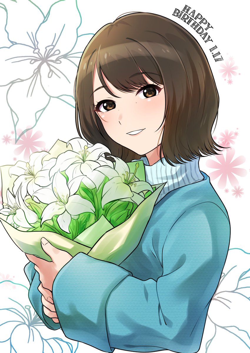 1girl solo flower bouquet brown eyes brown hair smile  illustration images