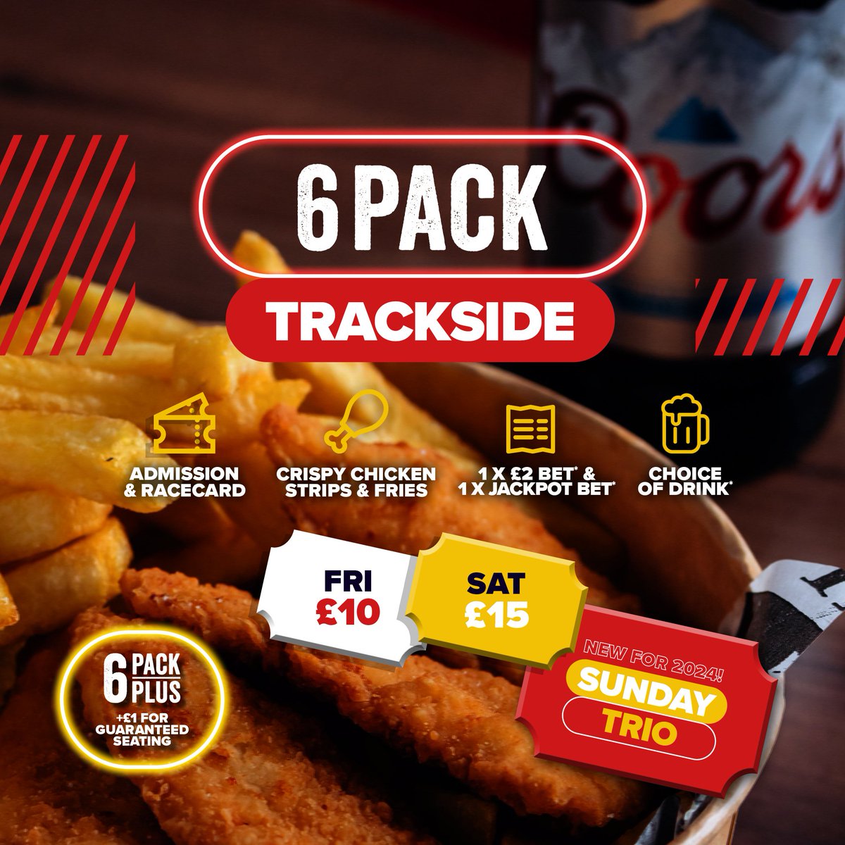 OwlertonStadium's tweet photo. Our much-loved 6 Pack is at the heart of a great night out at #Owlerton Stadium 🤩
From just £10 per person, this offer is designed for #maximumvalue when you join us for a night of #liveracing on a Friday and Saturday 🤑
#racenight #mealdeal #sheffieldfoodie #sheffieldevents https://t.co/H9X4ifacou