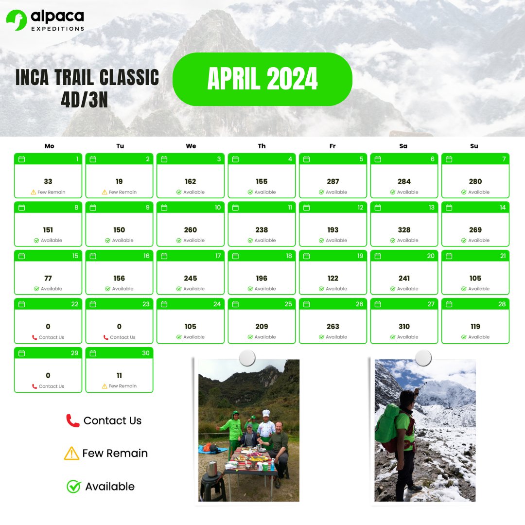 trekwithAlpaca's tweet photo. ⏰👀 See the chart and you will notice that some days have 0 permits available while some days still have spots!🌄Don't wait any longer to secure your lifetime trekking adventure with us. 
#AlpacaExpeditions #TrekWithAlpaca #GreenTeam #Machupicchu #Cusco #Peru #ExploreMachuPicchu https://t.co/ZYxG352dnw