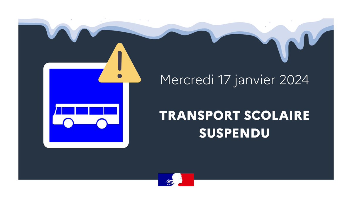 ❄️🚌 En raison des conditions météorologiques et par arrêtés préfectoraux, le transport scolaire ne sera pas assuré mercredi 17/01/2024 dans toute l'académie.

⚠️ Soyez vigilants sur le chemin de l'école et tenez-vous informés sur : @prefet54, @prefet57, @prefet55, @prefet88