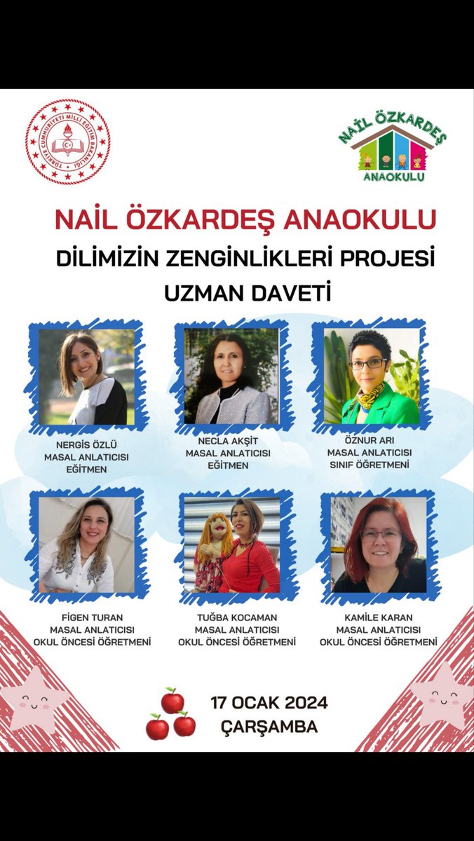 Dilimizin Zenginlikleri Projesi kapsamında uzman daveti etkinliğimize masal anlatıcısı kıymetli öğretmenlerimiz katılacaktır. <a href="/denizlimem/">Denizli İl Millî Eğitim Müdürlüğü</a> <a href="/emre_caliskan/">Emre Çalışkan</a> <a href="/PamukkaleMEM/">Pamukkale İlçe Milli Eğitim Müdürlüğü</a> <a href="/mhtcimen/">mhe</a> <a href="/NailAnaokulu/">NAIL OZKARDES ANAOKULU</a> #DilimizinZenginlikleriProjesi