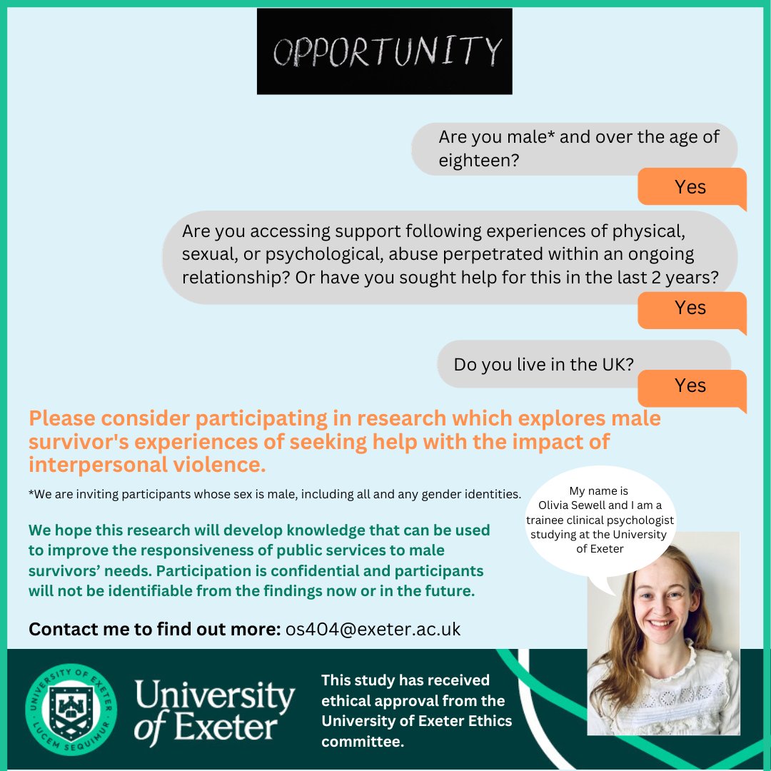 Olivia__Sewell's tweet photo. Very excited to launch the recruitment phase for my research into #helpseeking experiences of #male #survivors of #interpersonalviolence and #abuse today🥳.
Details below👇.
Please repost & share with your networks 🗣️. https://t.co/jICFv9lNTq