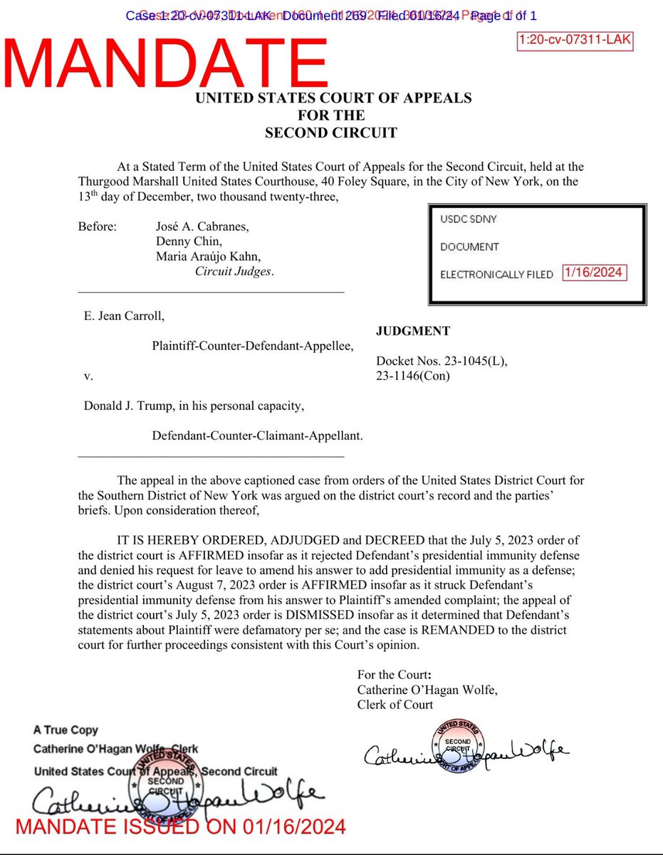 NEW: The 2nd Circuit Court of Appeals has DENIED Trump’s immunity claims and has DISMISSED his argument that his comments weren’t defamatory.