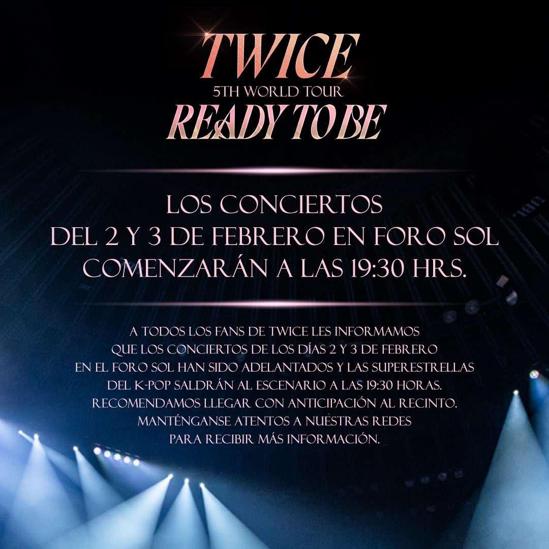 ailoviutl's tweet photo. 🚨 INFORMACIÓN IMPORTANTE 🚨

A todos los fans de TWICE se les informa que los conciertos de los días 2 y 3 de febrero en el Foro Sol de la CDMX han sido adelantados y las super estrellas del K-POP saldrán al escenario a las 19:30 horas. 

Recomendamos llegar con anticipación al recinto.

🎤 Invitado Especial: VCHA 🎤

🕢 Horarios Oficiales 2 y 3 Febrero 🕢

PUERTAS VIP 15:00 HRS 
SOUNDCHECK EXPERIENCE 16:00 HRS
PUERTAS GENERALES 16:30 HRS
TELONERO: 18:50 HRS
TWICE: 19:30 HRS

🫰🏽 Si aún no tienen boletos participen en mis 2 GIVEAWAYS que tengo activos 🫰🏽

🎁GIVEAWAY DE TWICE (TWITTER)🎁

Participa en mi sorteo en el cual se pueden ganar: Boleto para el concierto 2 de Febrero en Foro Sol + Lightstick Infinite Candy Bong Versión Infinite + Álbum Between 1&2 🎫

Participa aquí: https://t.co/vWwOLBVWXr

🎁GIVEAWAY DE TWICE (INSTAGRAM)🎁

En Instagram tengo un sorteo en el cual se pueden ganar: Boleto para el concierto el 3 de Febrero en CDMX + Álbum Between 1&2 🫰🏽

Participa aquí: https://t.co/zUAZrkJz5j

#TWICE #TWICE_5TH_WORLD_TOUR #TWICE_5TH_WORLD_TOUR_MEXICO 5th World Tour 🇲🇽 #트와이스 México #READYTOBE #GiveawayAlert
#READYTOBE_IN_MEXICO_CITY
#TWICE_5TH_WORLD_TOUR_MEXICO_CITY Ready To Be #Giveaway #Once 
#Giveaways #CDMX #México 
#TWICE_5TH_WORLD_TOUR_IN_MEXICO #TWICE当落 #TWICE好きな人と繋がりたい #TWICE13thMiniAlbum #Twice_WithYOUth #WithYOUth #IGOTYOU ONCE #ONCE