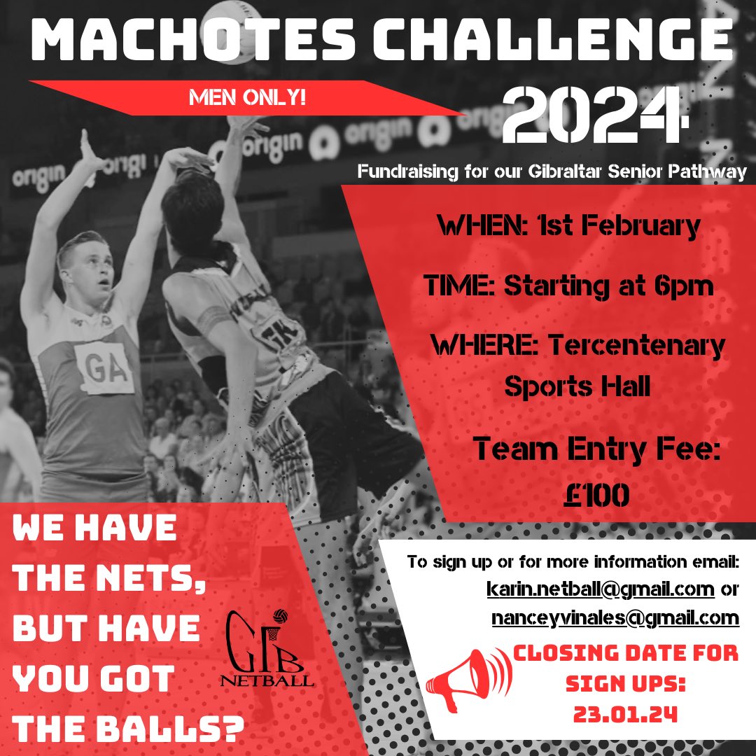 🏆New Date: Machotes Challenge!🏆 We are so excited to host our Men’s only Netball Competition on the 1st of February! Matches will begin as from 6pm in the tercentenary sports hall. Show us what you men can bring to the netball court! Sign up: forms.gle/1MBztRuvtPbDec…