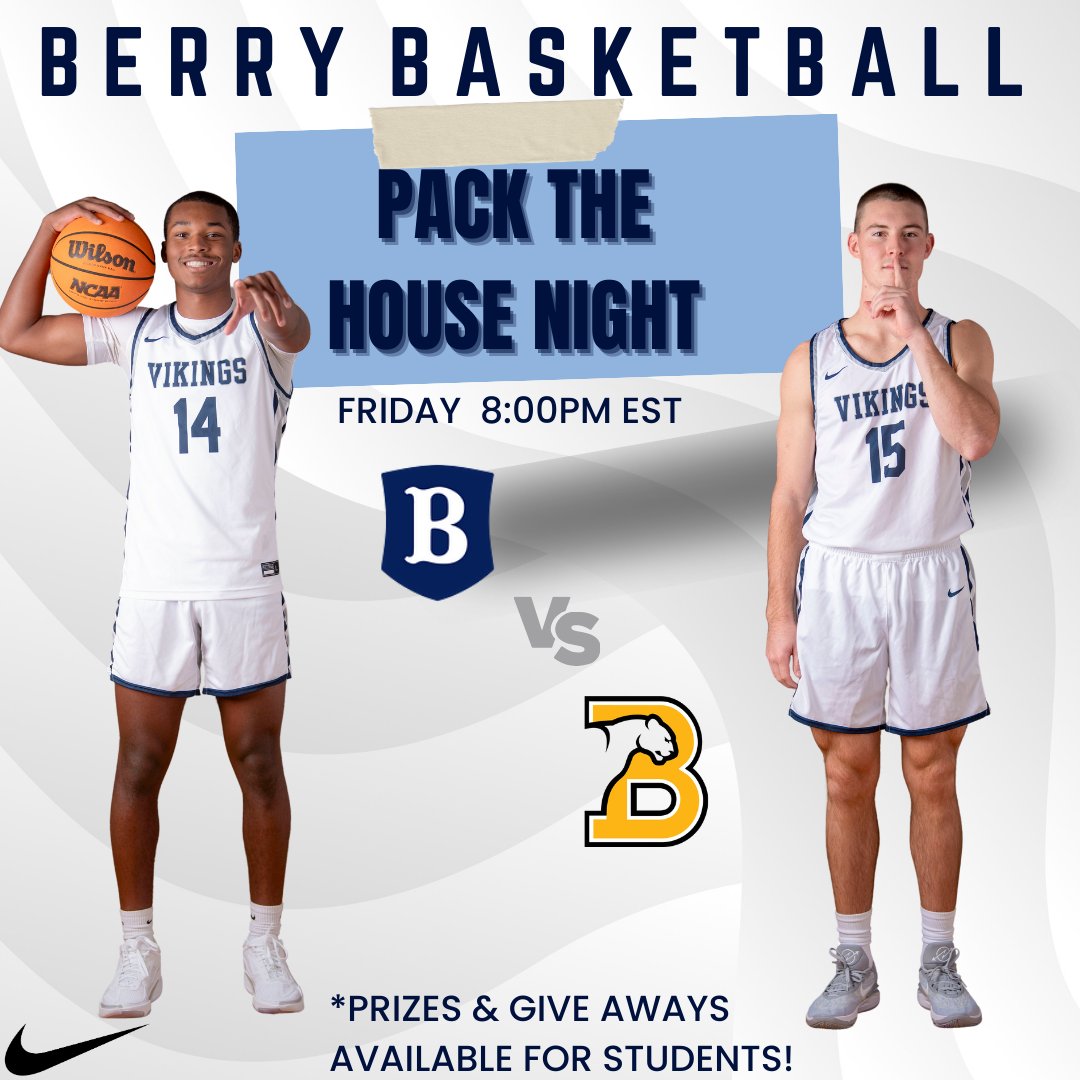 🗣️ BERRY STUDENTS: Mark your calendar and help us Pack the Cage! 🗓️ Friday, 1/19 🏀PACK THE HOUSE NIGHT 🆚Birmingham-Southern ⏰8:00 PM 🎟️Giveaways for students!