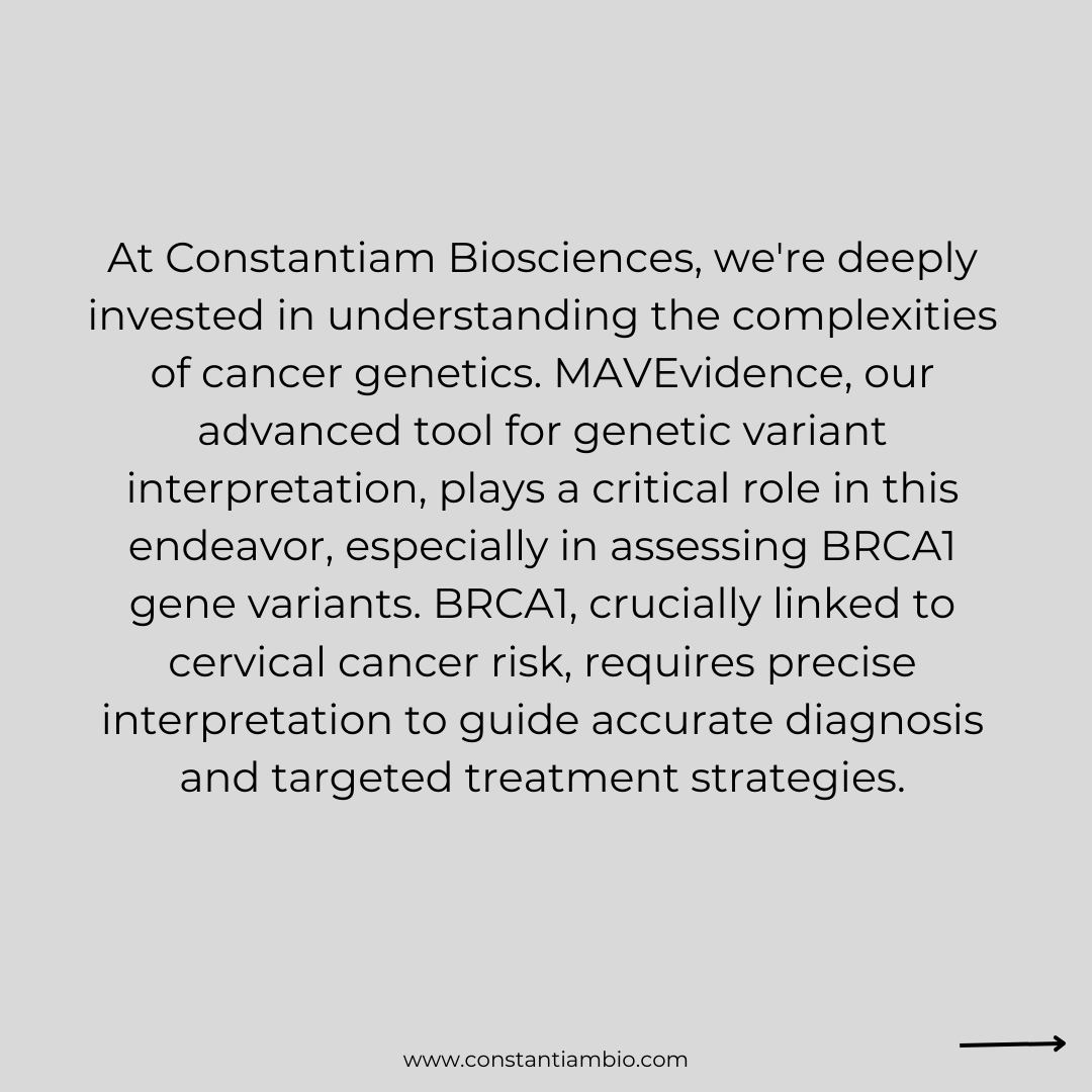 ConstantiamBio's tweet photo. Advancing BRCA1 gene research in #cervicalcancer  with #MAVEvidence. Our tool provides crucial, updated genetic data, enhancing diagnosis accuracy and closing gaps in assessment. 
#CervicalCancerAwarenessMonth https://t.co/xziAustY7u