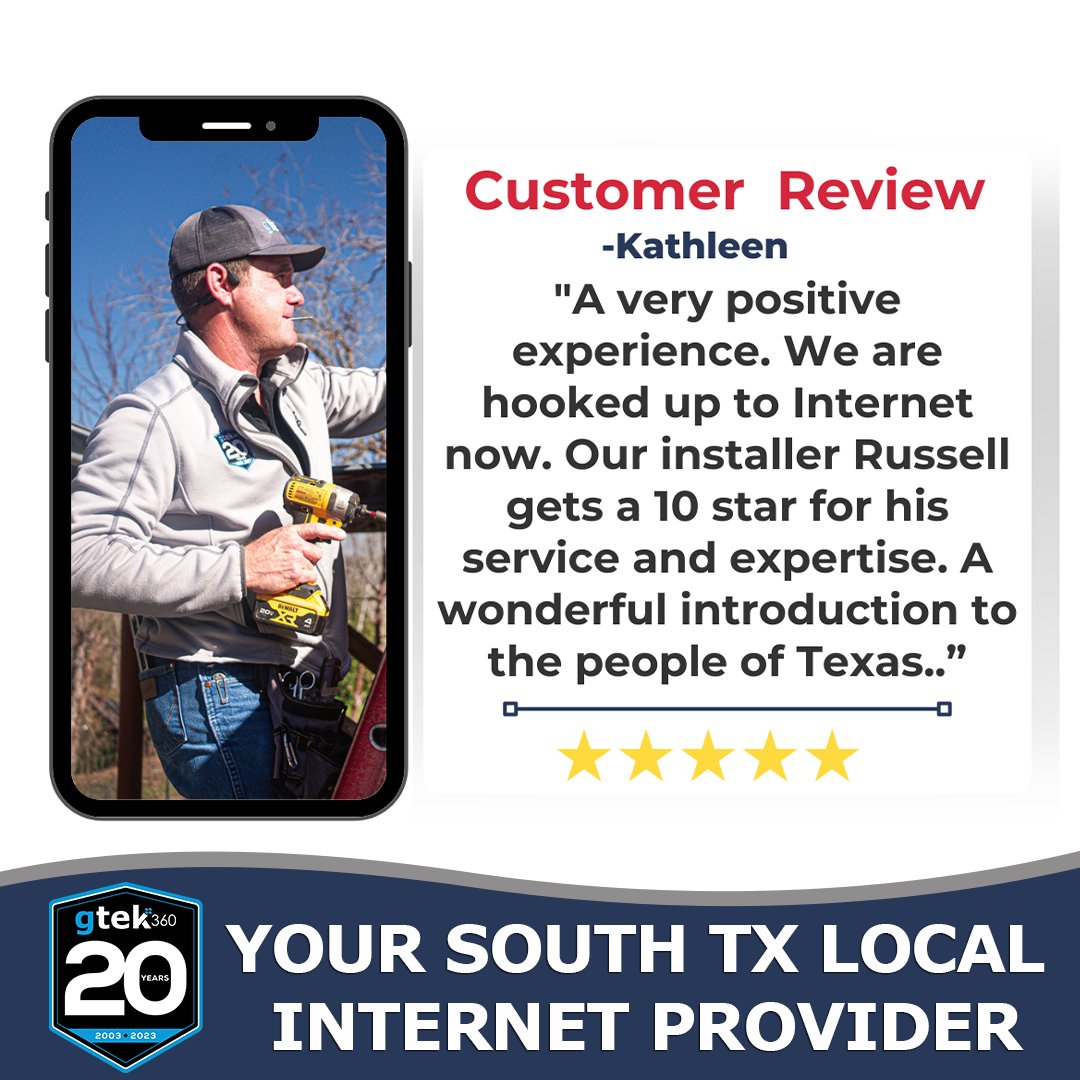GtekCW's tweet photo. Check out this fantastic review from Kathleen! 🌟 She's loving her new Gtek internet connection, thanks to Russell's top-notch installation service. Join our Gtek family and experience the best local internet service in South Texas. #HappyCustomers #Gtek360 #LocalInternetProvider https://t.co/WkvujwI8zV