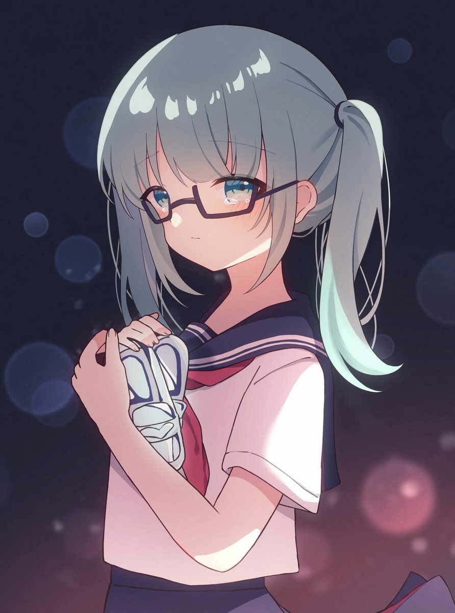 1girl solo glasses school uniform serafuku holding sailor collar  illustration images