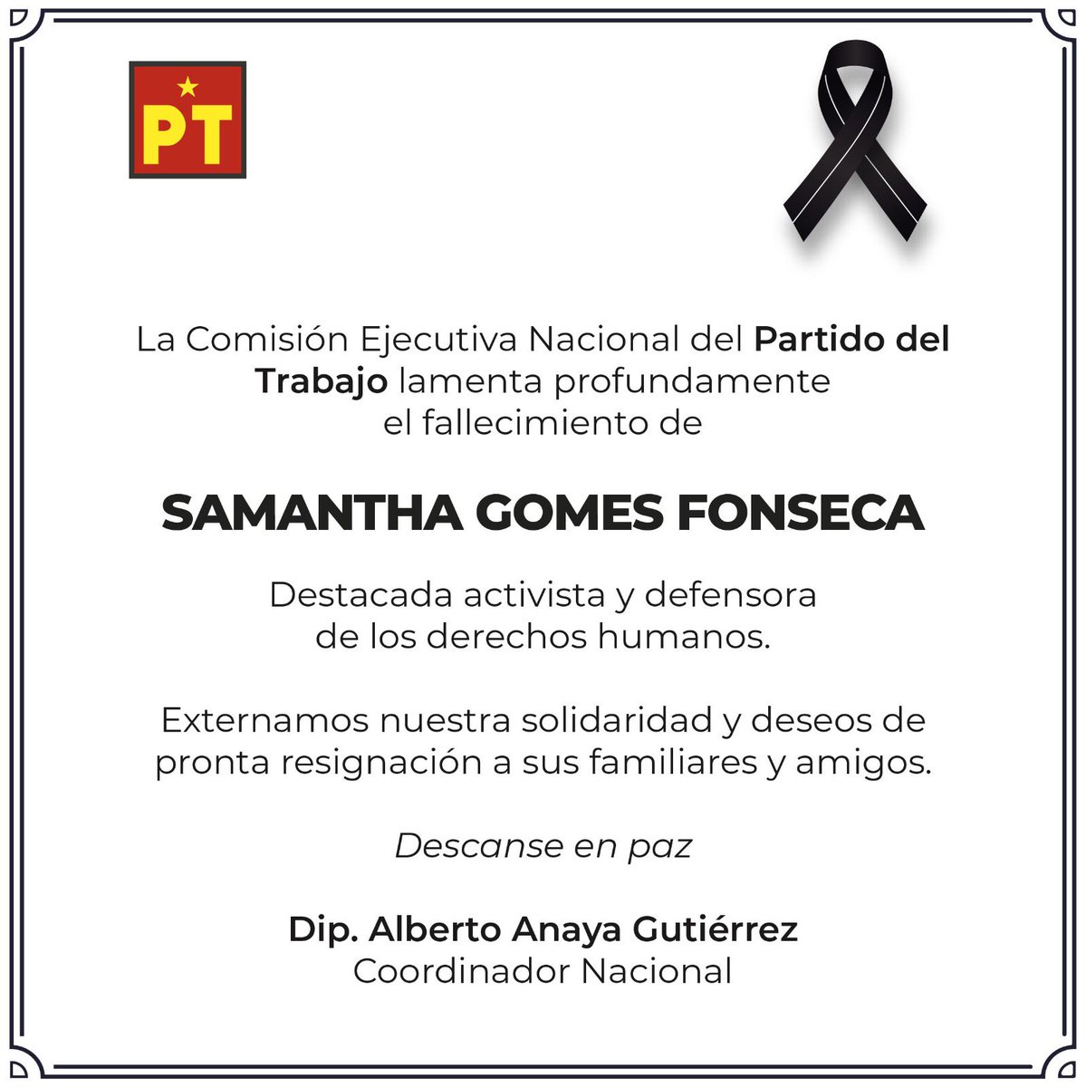 Mis sentidas condolencias por el lamentable fallecimiento de la compañera Samantha Gomes Fonseca. Me sumo a las exigencias de justicia, confiando en que las autoridades esclarezcan este terrible asesinato.