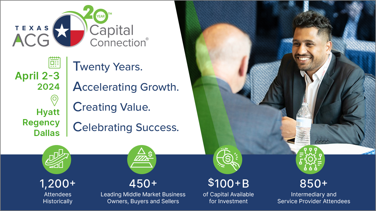 🌟 Texas ACG Capital Connection: Celebrating 20 Years of Excellence! 🌟

Join us this April for our Texas ACG Capital Connection🎉 and thrilled to spotlight our Platinum sponsors who have been instrumental in our journey.  Click here for more info: linkedin.com/posts/texas-ac…