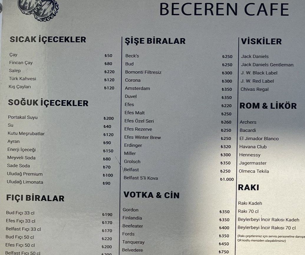 bosunatiklama's tweet photo. Uludağ’da bulunan Beceren Cafe adlı mekanın fiyat listesi: 

• Çay: 50 TL 
• Türk Kahvesi: 120TL 
• Portakal Suyu: 200 TL
• Efes Şişe: 220 TL https://t.co/o3MDTlSPTr